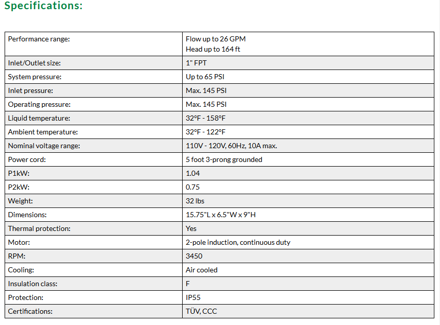 RainFlo Specifications